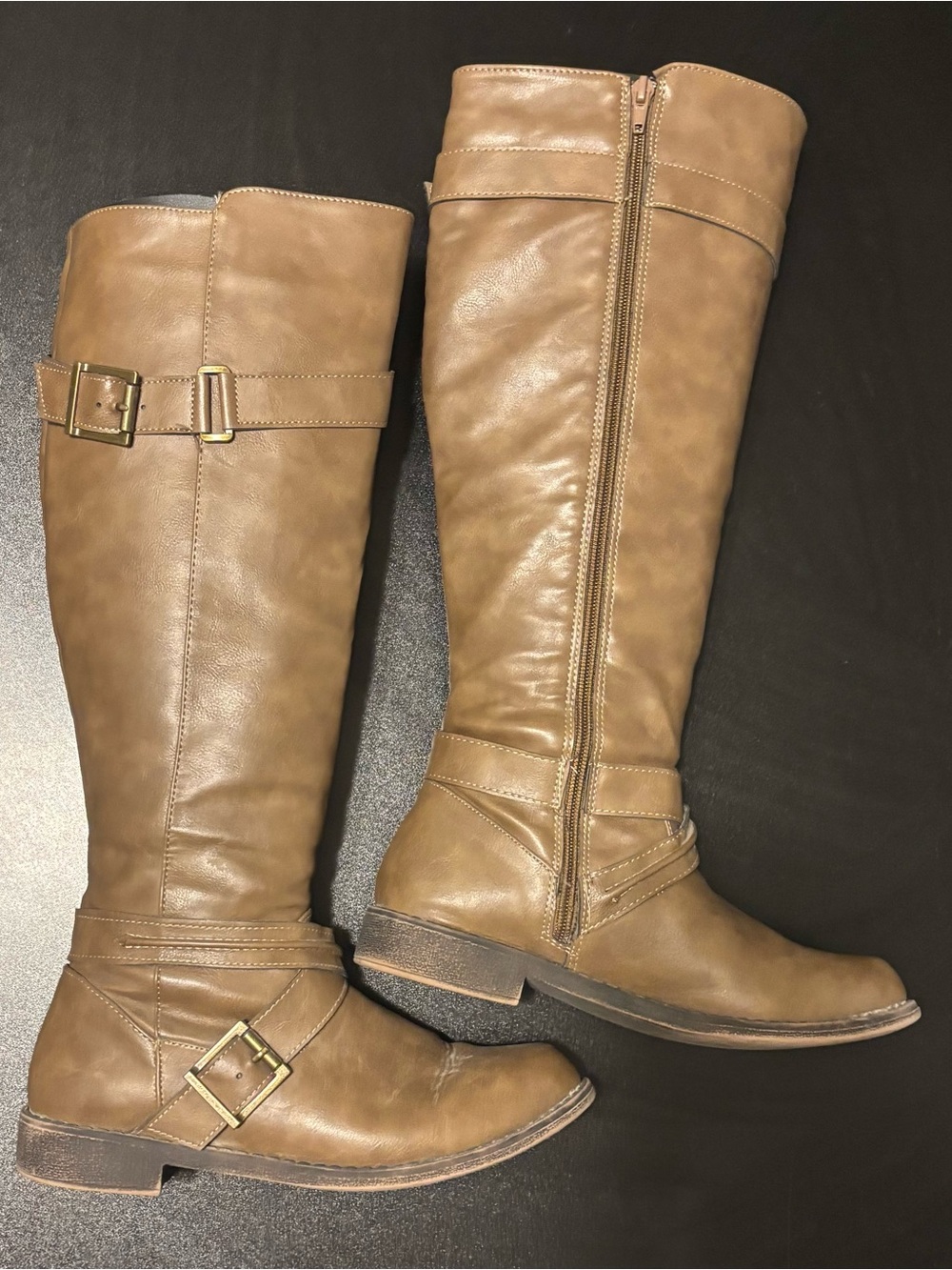 JustFab Tall Over-The-Knee Buckle Riding Boots in Tan